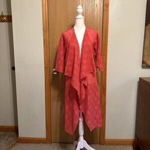 Lularoe Small Pink/Red w/Floral Lace Print Short Sleeve Duster Cardigan Sweater